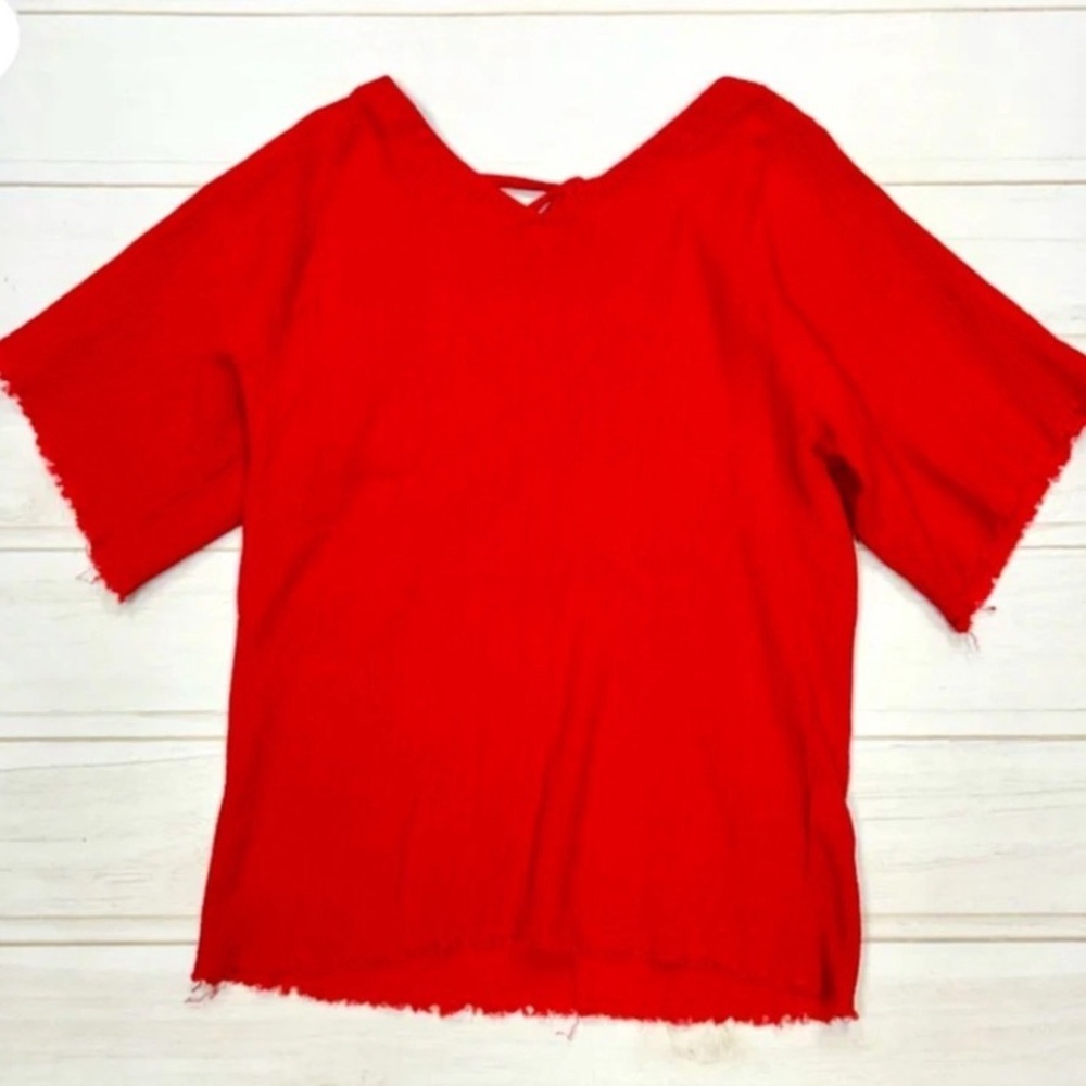 Red Frayed Hem moussy Japanese cotton gauze tie back top blouse casual fall $200